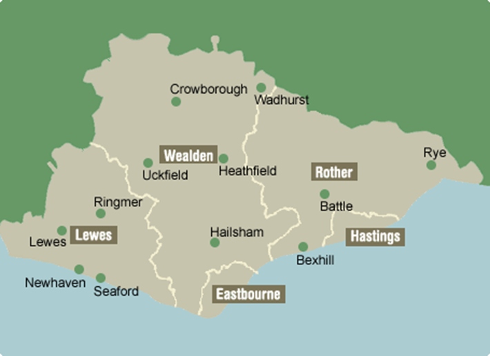 A map of East Sussex showing the districts of Lewes, Wealden, Rother, Eastbourne and Hastings