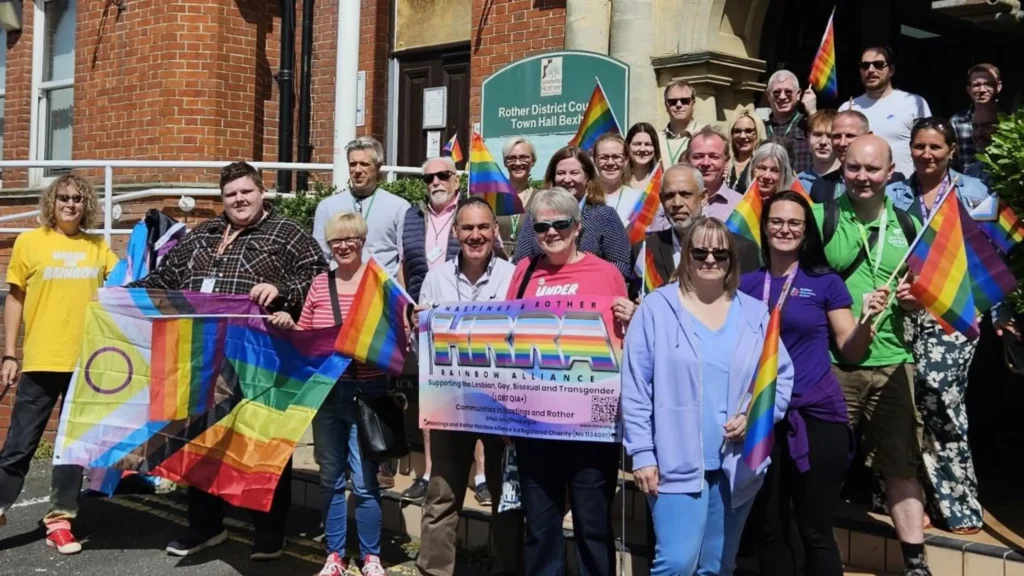 Rother's celebrations for IDAHOBIT day taken in front of the Town Hall in Bexhill